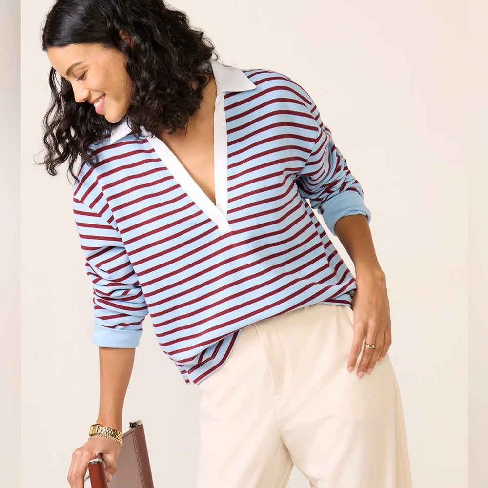 Evereve Ilona Rugby Sweatshirt Blue Burgundy Stripe Size Small - Picture 2 of 7